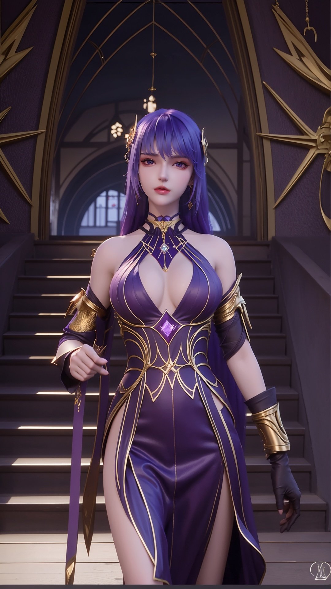 <lora:SCE_20240414154117-000009:0.75>,SCE,1girl,solo,purple eyes,purple hair,raiden shogun,(purple eyes:1.2),looking at viewer,long hair,(hair ornament:1.3),bangs,jewelry,realistic,earrings,closed mouth,nose,large breasts,cleavage,nude,bare_legs,snow white skin,1girl,solo,stairs,long hair,dress,gloves,blue hair,single glove,blue dress,halter dress,sword,looking at viewer,jewelry,bangs,halterneck,breasts,weapon,parted lips,earrings,standing,bare shoulders,black gloves,indoors,hair ornament,medium breasts,sleeveless,border,sleeveless dress,lips,detached sleeves,cowboy shot,criss-cross halter,single gauntlet,elbow gloves,holding,stained glass,blue eyes,purple eyes,black border,Large breast,Giant breasts,sexy,seduce,(naked:1.1),(fullbody,Long distance shot),cinematic lighting,glowing point,<lora:HDR:0.5>,<lora:梦幻白1:0.3>,