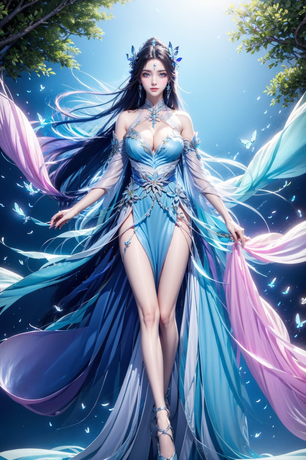 <lora:AgainRealistic_v2.0:1>,AgainRealistic_v2.0, 1girl, solo, long hair, dress, forehead mark, butterfly, facial mark, bug, jewelry, hair ornament, full body, earrings, bare legs, night, white dress, high heels, breasts, white footwear, bare shoulders, black hair, detached sleeves, closed mouth, blue dress, looking at viewer, large breasts, clothing cutout, sky, cleavage, blue eyes, tree, butterfly hair ornament, sash, brown hair, blue butterfly, cleavage cutout