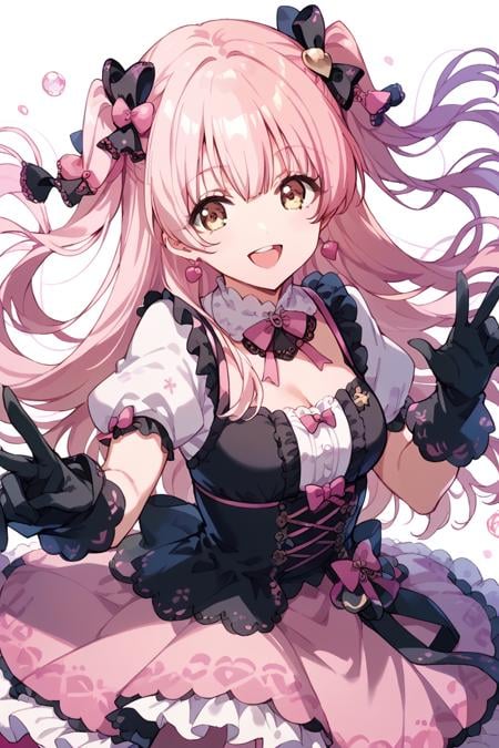 score_9, score_8_up, score_7_up, score_6_up, 1girl,<lora:Shinomiya_KokoaV2:0.9> kokoa, gloves, solo, long hair, smile, open mouth, bow, pink hair, dress, looking at viewer, black gloves, hair ornament, hair bow