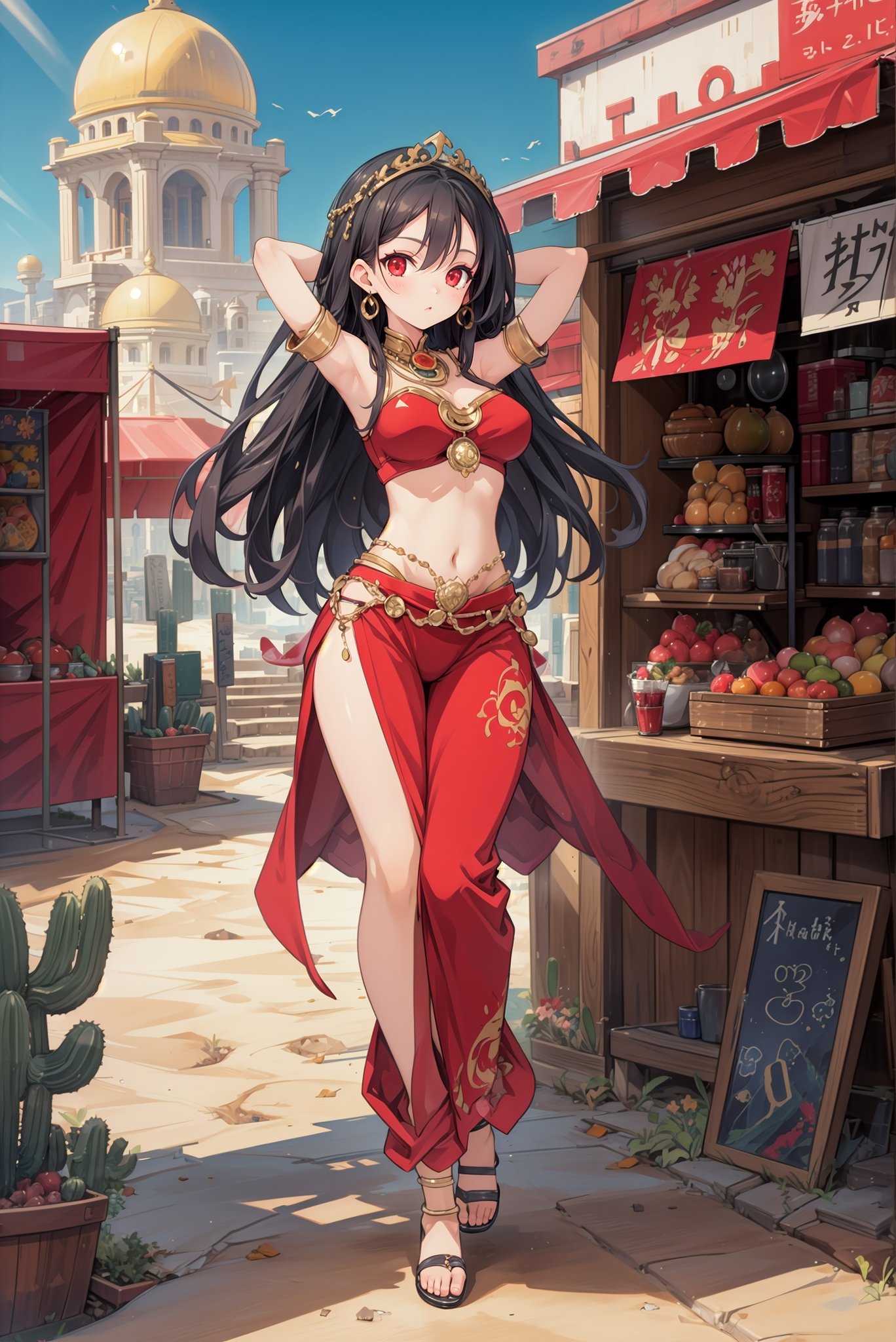 ,, masterpiece,4k, best quality,top quality, official art,highest detailed,colorful,distinct_image,, ((full body)), 1girl,solo,(red belly_dancer,paleskin),floating clothes,black hair,desert,desert architecture,arabian architecture,stean,terrine,fruit,stall,jewelry head chain,(airship:0.8),desert mountain,cactus,palace, arms behind head,bending back,dress lift,midriff,harem pants,gypsy, side slit, bare hips,sandals,toes