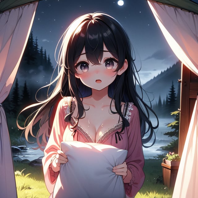 (((masterpiece))),  (((best quality))),  ((camping tent)),  ((open door curtain)),  ((holding pillow)),  ((red frills chiffon pajamas)),  (((night))),  gra,  moon,  ((wind)),  solo,  1girl,  kneeling,  cleavage,  big tits,  soil,  collarbone,  ((sweat)),  ribbon,  black longhair,  open mouth,  rosy lips,  shy,  blush,  sleepy,  grass,  valley,  forest,  fog,<lora:EMS-272345-EMS:1.000000>