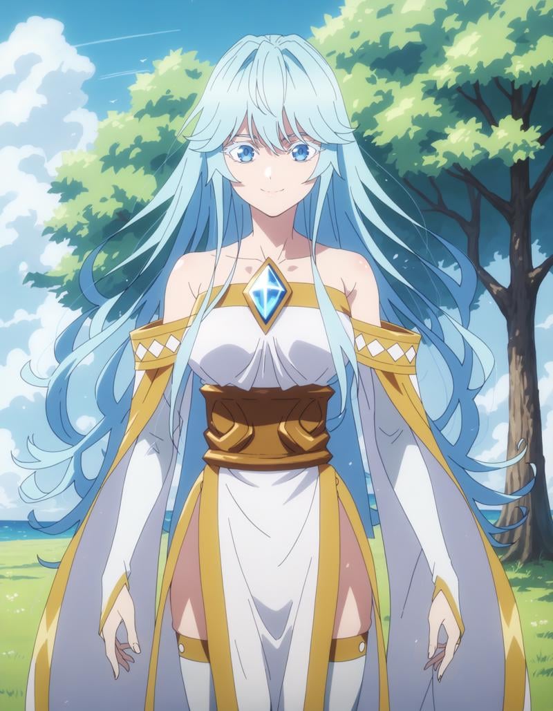 score_9, score_8_up, score_7_up, score_6_up, score_5_up, score_4_up, anime screencapBREAKelfaria_olis, 1girl, solo, light blue hair, long hair, colored eyelashes, blue eyes, chest jewel, off-shoulder dress, yellow sash, side cape, bridal gauntlets, pelvic curtain, white thighhighs, looking at viewer, smile, closed mouthBREAKwind, wind lift<lora:elfaria_Wistoria_ponyxl_v1_char:1> <lora:elfaria_Wistoria_ponyxl_v1_style:1>