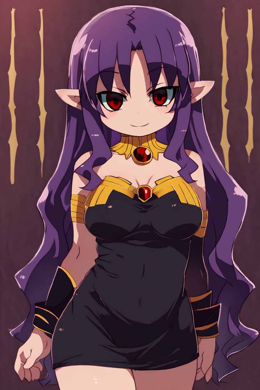 <lora:Zankuro_Style_Pony:0.8>, ((masterpiece,best quality)), absurdres,  medium breasts, smile, absurdres, ishtar-san, medium breasts, long_hair, looking_at_viewer, pointy_ears, purple_hair, red_eyes, solo, cowboy shot, standing, black dress, curvy,