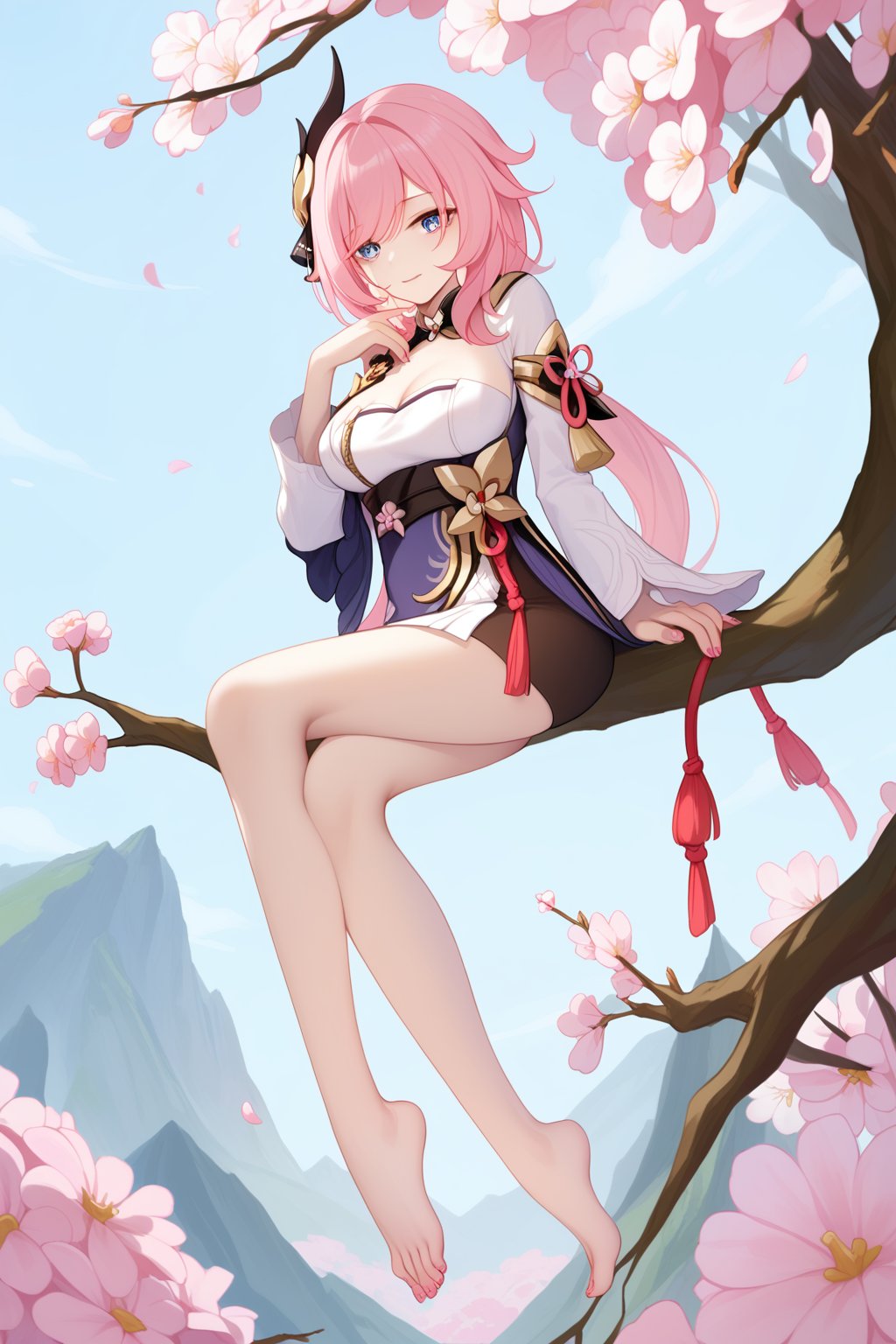 <lora:爱莉希雅pony:1>,elysia,a girl named elysia,elysia (honkai impact),1girl,solo,outdoors,full body,looking at viewer,sitting,smile,cleavage,barefoot,feet,legs,bare legs,dress,long sleeves,toes,toenails,pink nails,pink flower,blue sky,cherry blossoms,cloud,tree,branch,, (score_9,score_8_up,score_7_up),(masterpiece,best quality,high quality:1.2),absurdres,