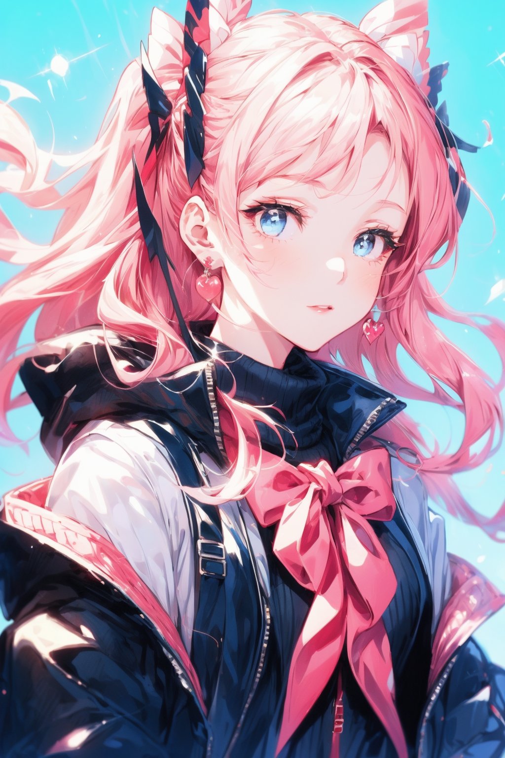 a girl in a red and black outfit,Senketsu Illustration,portrait of a magical girl,Flat anime style,Lovely trendy girl,with long pink curly hair,white skin,colorful clips on it,big light blue eyes,big pink love earrings on her ears,black bottoming sweater on her coat,and a pink jacket on the outside,<lora:menghuangan_max:0.7>,<lora:fanguang_V1-000014:0.5>,<lora:add_detail:0.5>,