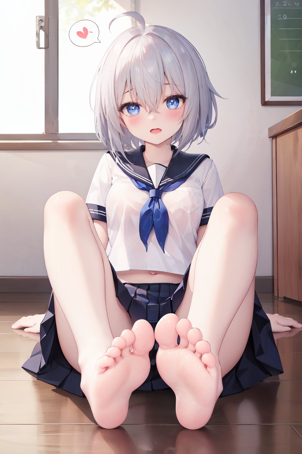 foot focus, toes, 1girl, feet, soles, barefoot, blue eyes, foreshortening, school uniform, short hair, solo, sitting, skirt, ahoge, serafuku, looking at viewer, bangs, short sleeves, on floor, shirt, sailor collar, hair between eyes, grey hair, spoken heart, white shirt, signature, legs, indoors, spoken musical note, wooden floor, black skirt, shadow