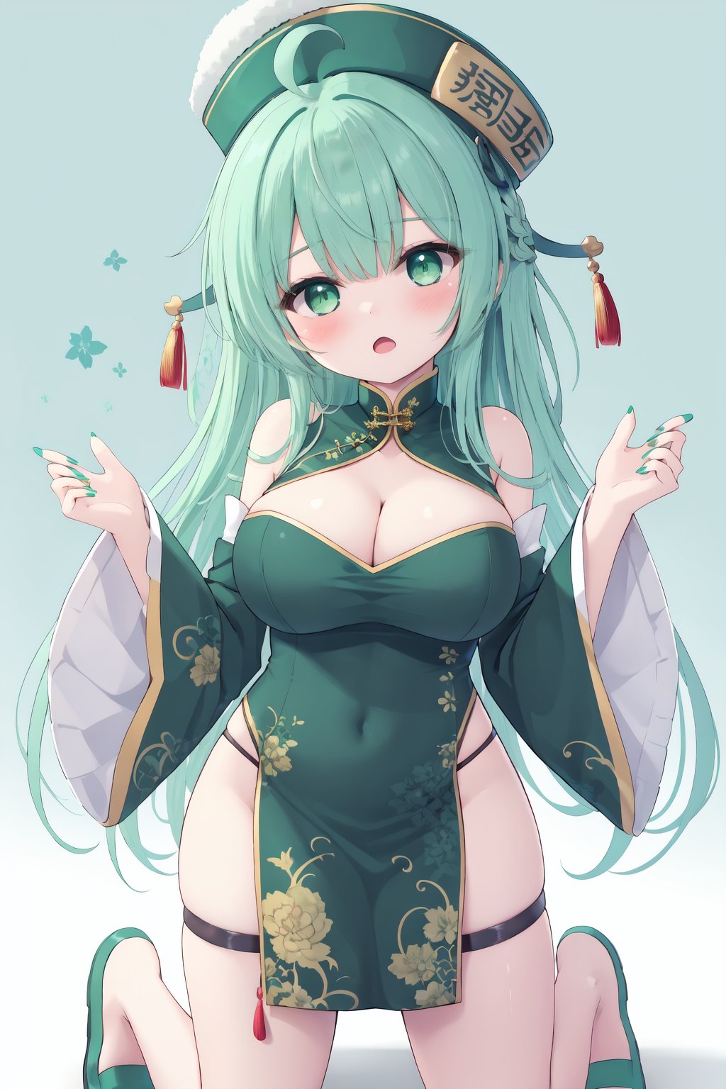 1girl, breasts, solo, long hair, green eyes, hat, detached sleeves, looking at viewer, large breasts, chinese clothes, cleavage, ofuda, clothing cutout, wide sleeves, aqua hair, braid, long sleeves, china dress, shoes, bare shoulders, kneeling, nail polish, green nails, cleavage cutout, qing guanmao, jiangshi, ahoge, pelvic curtain, blush, bangs, open mouth, skindentation, green footwear, thigh strap, green headwear