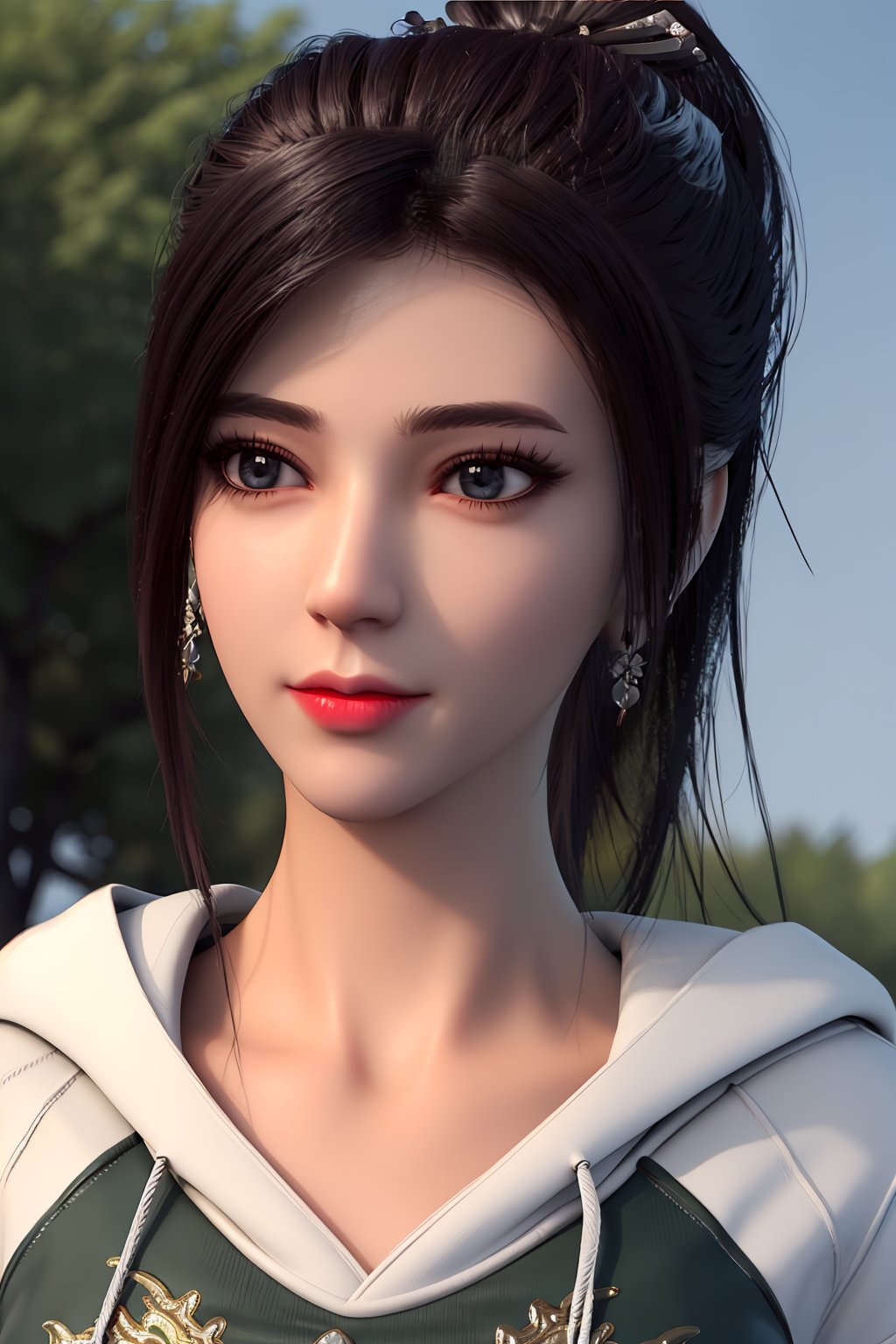 3D,masterpiece,(best quality),(makeup),official art, extremely detailed cg 8k wallpaper,((crystalstexture skin)), (extremely delicate and beautiful),(highly detailed),(1girl), (solo), (jewelry), (earrings),(black_hair),(long_hair),(hair_ornament),(handwear),(breasts),(ponytail),(hoodie),,((portrait)),(sunshine, outdoor),((looking_at_viewer)),((Facing the camera)),, <lora:hipoly3DModelLora_v10:0.3>