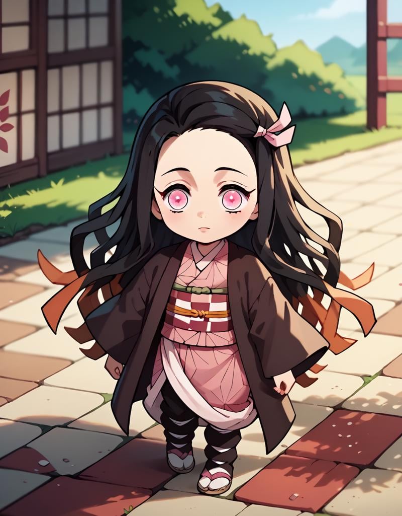 <lora:NezukoKamadopony-10:1>NezukoChibi, chibi, kamado nezuko, 1girl, long hair,  black hair,  haori, pink kimono, checkered sash,  obi, wide sleeves, long sleeves,, score_9, score_8_up, score_7_up, score_6_up, score_5_up, score_4_up,