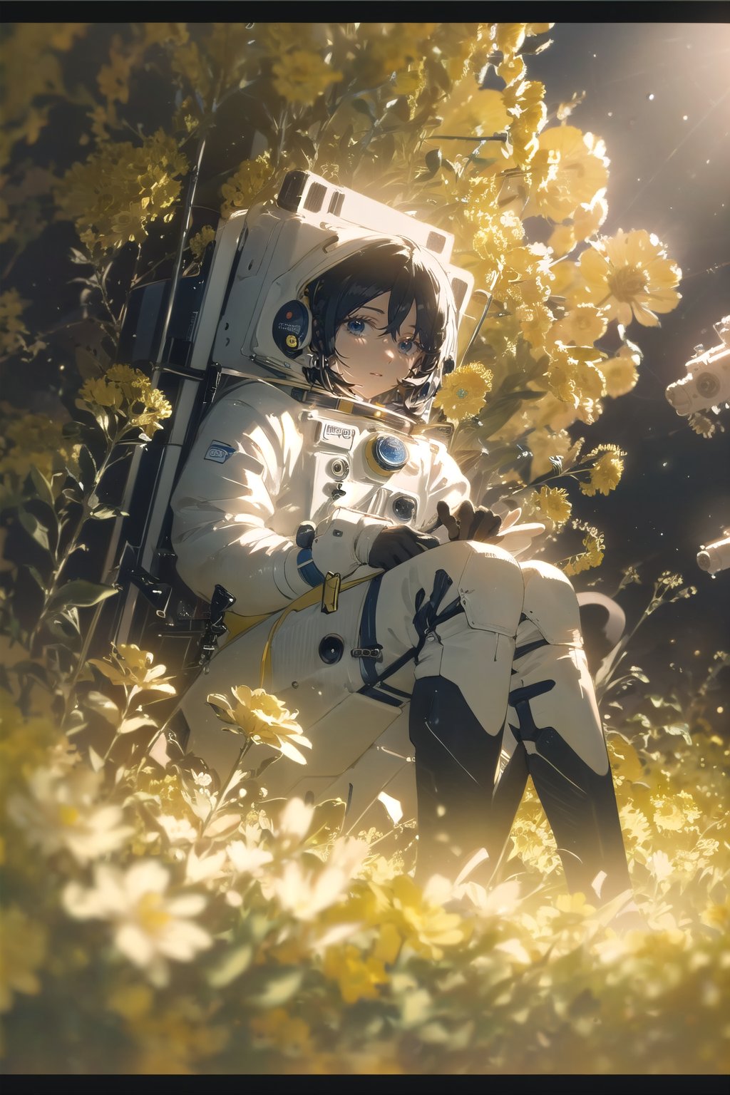 (masterpiece, best quality), cinematic composition, letterboxed, depth of field, solo focus, astronaut sitting in a field of yellow flowers with resting on the ground, gloves, yellow flower, black gloves, spacesuit, science fiction, sunlight, black hair, blue eyes, looking at viewer