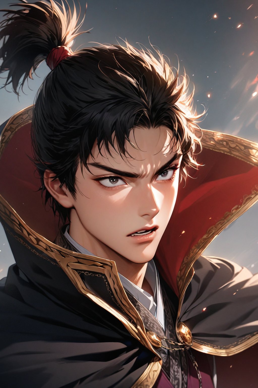 oda nobunaga, samurai, 1boy, solo, japanese, male, chonmage, topknot, updo, mantle, school uniform, young boy, black eyes,(masterpiece, 16k, high-quality, breathtaking, highres, ultra detailed), (perfect face) (high-quality, breathtaking, highres, ultra detailed), (expressive eyes, perfect face) <lora:oda nobunaga 2:1>