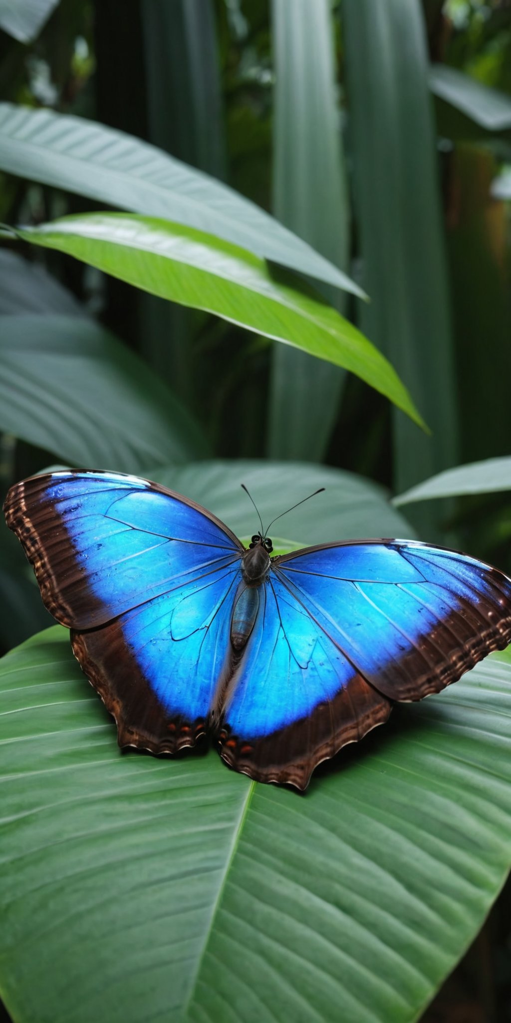 Blue Morpho butterfly, resting, tropical forest, daylight, natural sunlight, no artist, realistic, photography, highly detailed, vibrant colors, Sony camera, 4K, ultra-high-definition, crisp focus,<lora:HMSG微距蝴蝶XL-000010:1>,