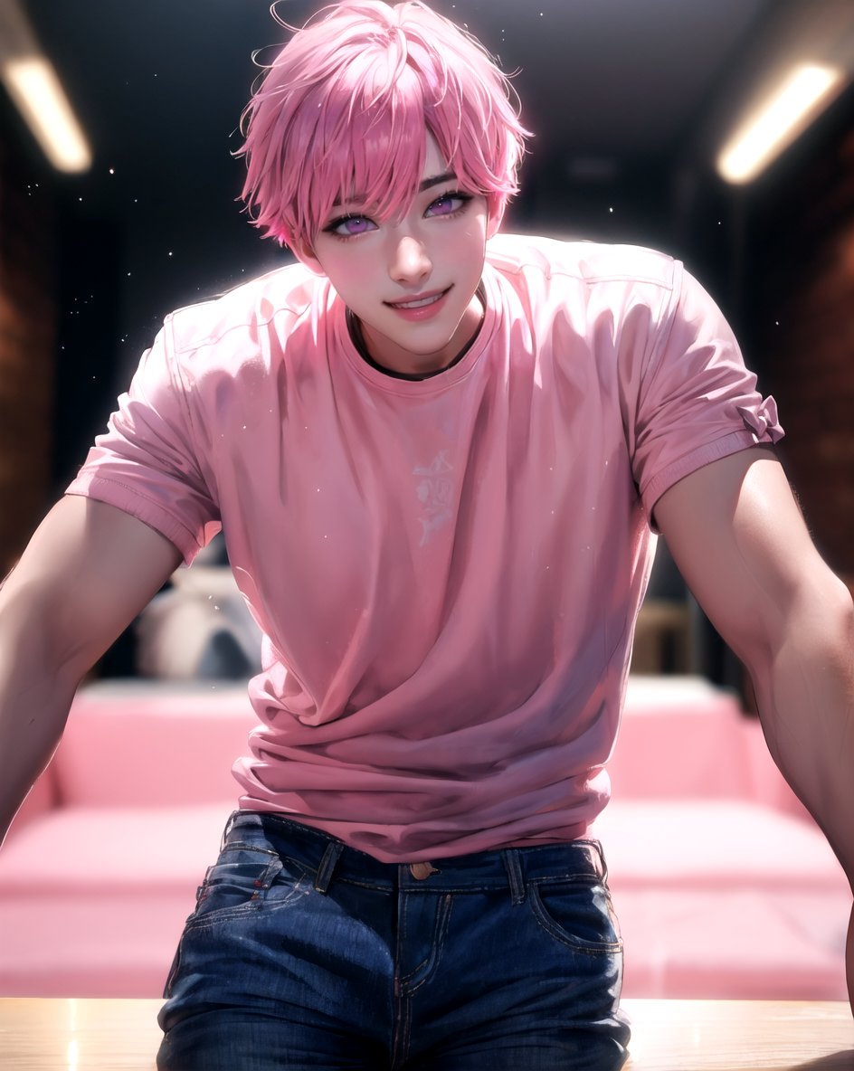 masterpiece, best quality, highly detailed background, perfect lighting, ((masterpiece)), depth of field, cinematic lighting, 1boy, Bamby, pink hair, solo, shirt, looking at viewer, pink eyes, smile, short hair, pants, <lora:more_details:0.1>,   <lora:sakimichan-v1.5fix-lora-32dim-10ep-novae-newcraft:0.7>,  <lora:Bamby:1>