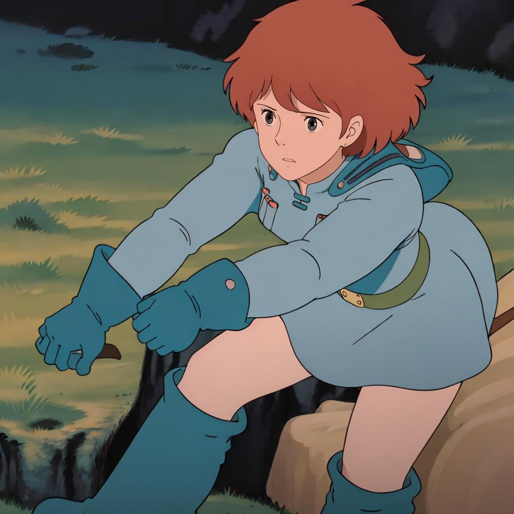 <lora:Nausicaa005:0.7>,close-up,Nausicaa,1girl,blue_dress,long_sleeves,blue gloves,spats,knee_boots,nature,