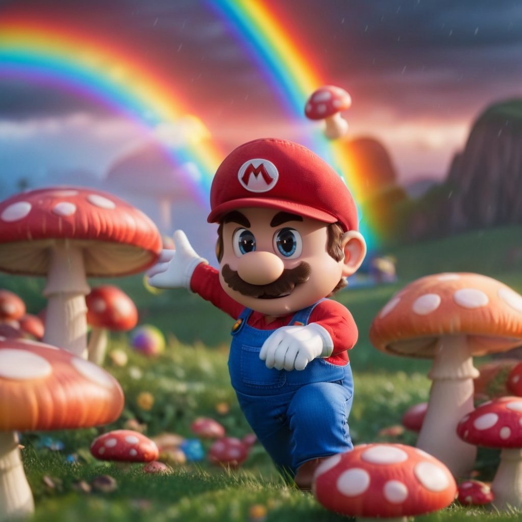 cinematic photo  mario , rainbow, mushroom <lora:Mario1024-000200:0.8> . 35mm photograph, film, bokeh, professional, 4k, highly detailed