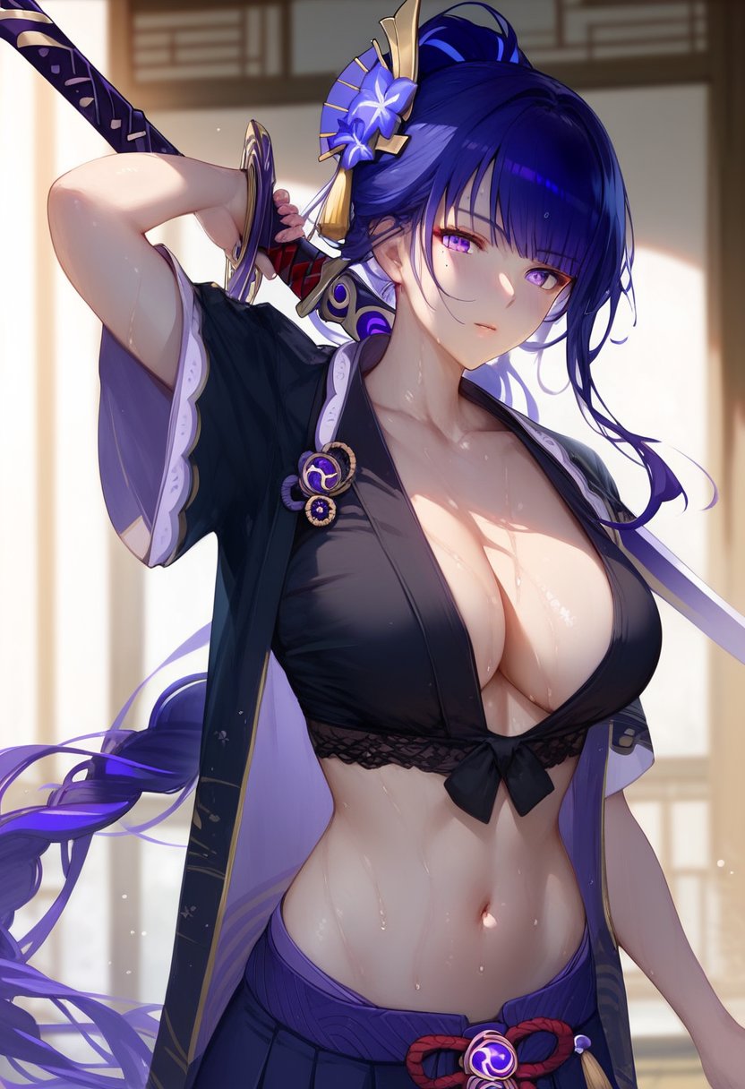 score_9, score_8_up, score_7_up, score_6_up, score_5_up, score_4_up, <lora:style1:1>, style1, sarashi, raiden shogun, very long hair, navel, sword, purple hair, holding, chest sarashi, purple eyes, holding weapon, bangs, arm up, open clothes, looking at viewer, hair ornament, stomach, large breasts, holding sword, cleavage, skirt, short sleeves, ponytail, sweat, sidelocks, blurry, standing, indoors, collarbone, solo focus, japanese clothes, black top,