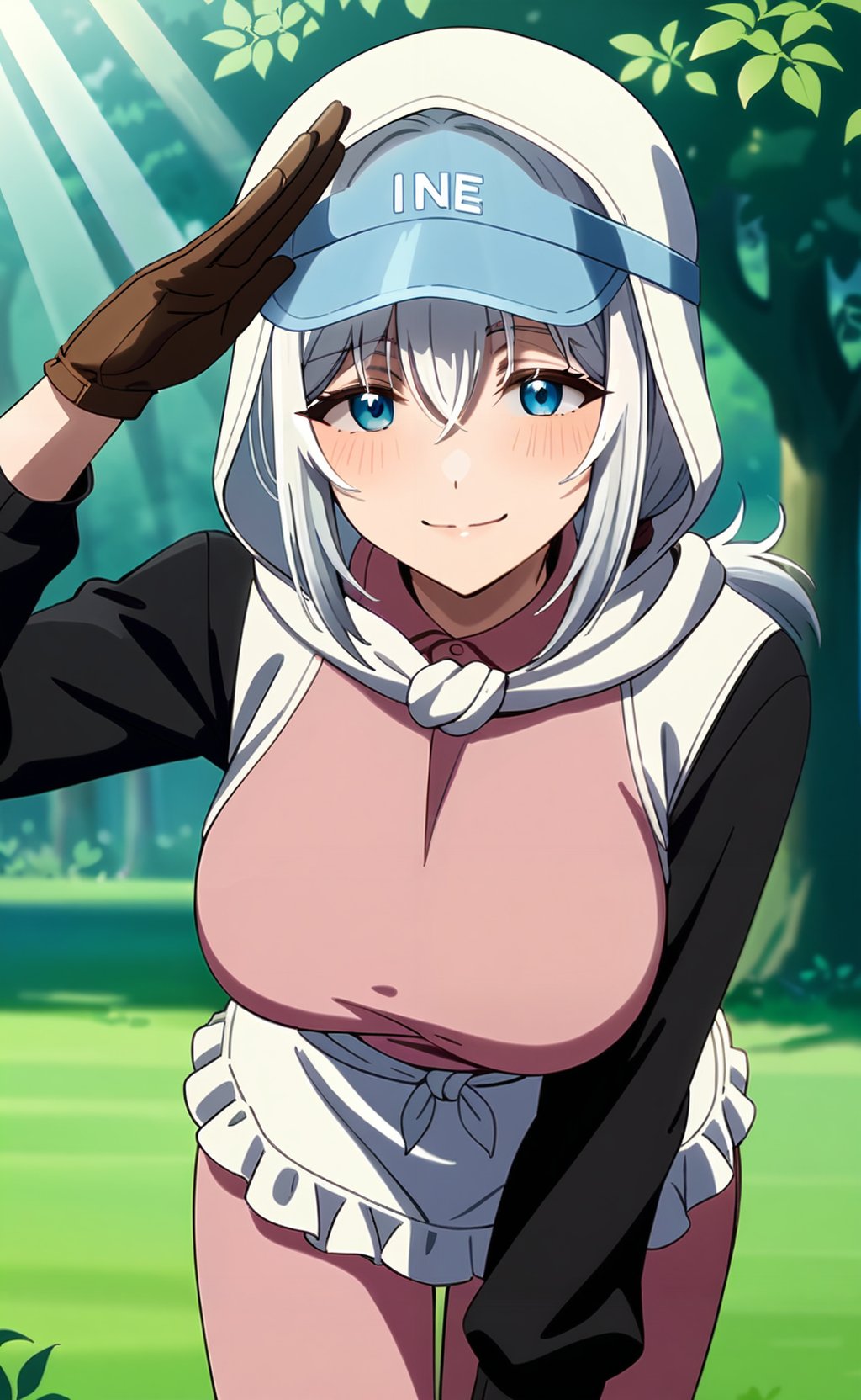 (masterpiece), (best quality), newest, (intricate details, very aesthetic), good hands  1girl, <lora:saitou_ine:1> ine_wz, white hair, short hair, low ponytail, hair between eyes, blue eyes, white, large breasts, white apron, brown gloves, pink pants,   pink shirt, white hoodie, hood up, two-tone hoodie, blue visor cap, black sleeves, layered sleeves, outdoors, standing, leaning forward, smile, light blush, fruits, salute, nature, light rays, looking at viewer, tied scarf<lora:sd_xl_dpo_lora_v1:1>