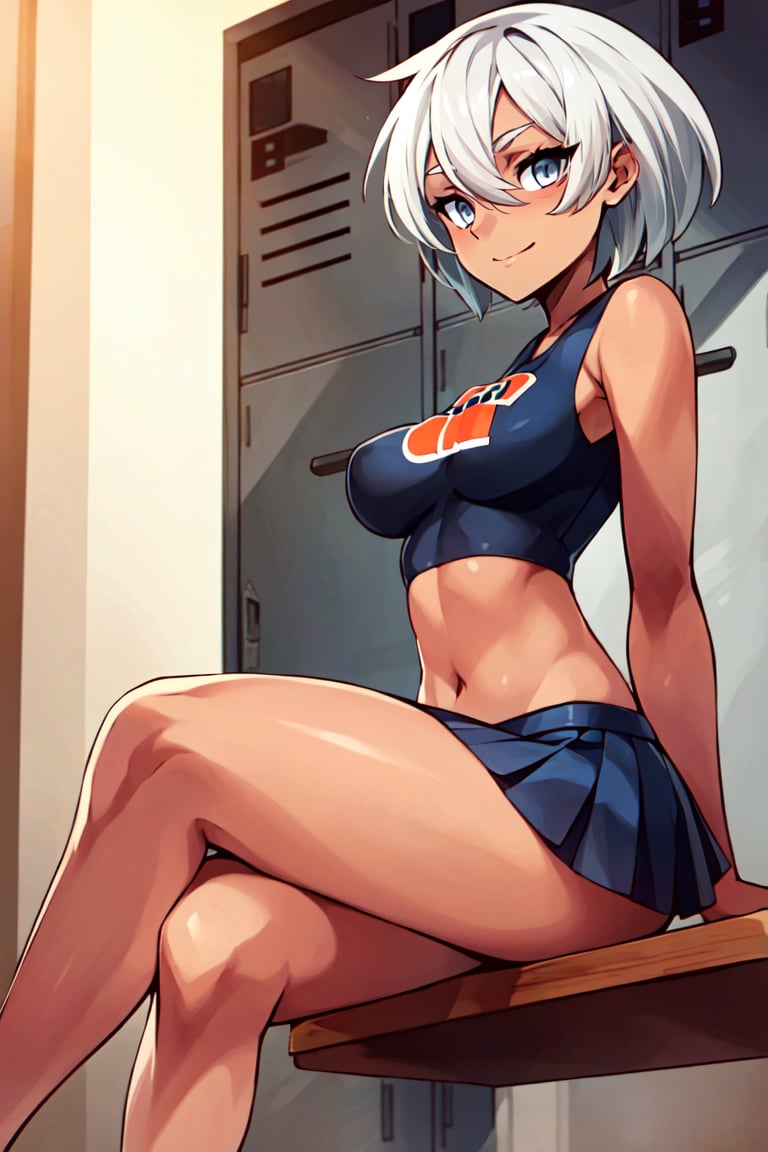 ((masterpiece, best quality)), anime style, <lora:Bea_Pokemon_v2:0.8>, bea (pokemon), dark-skinned female, hair between eyes, grey hair, short hair, grey eyes, solo, smile, looking at viewer, cowboy shot,, big breasts,  cheerleader,  crop top, midriff, miniskirt, locker room, locker, indoors, bench, sitting, crossed legs 