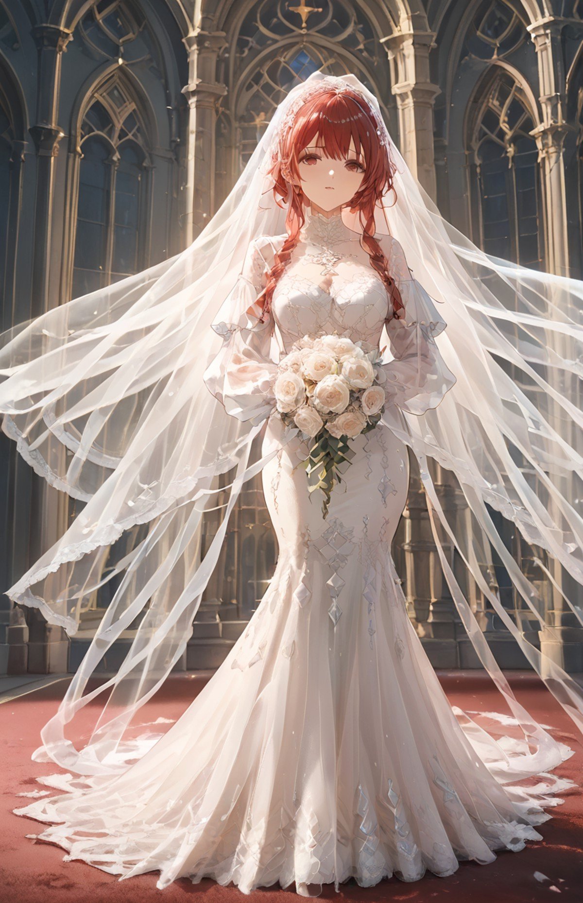 1girl, mermaid-line wedding dress, bridal veil, holding bridal bouquet, <lora:WD-XLPony_010:0.8>, sleeves past fingers, HD, see-through, cathedral, red carpet, romantic, delicate design, fire emblem, score_9, score_8_up, score_7_up , source_anime, masterpiece, best quality, perfect anatomy , very aesthetic , absurdres