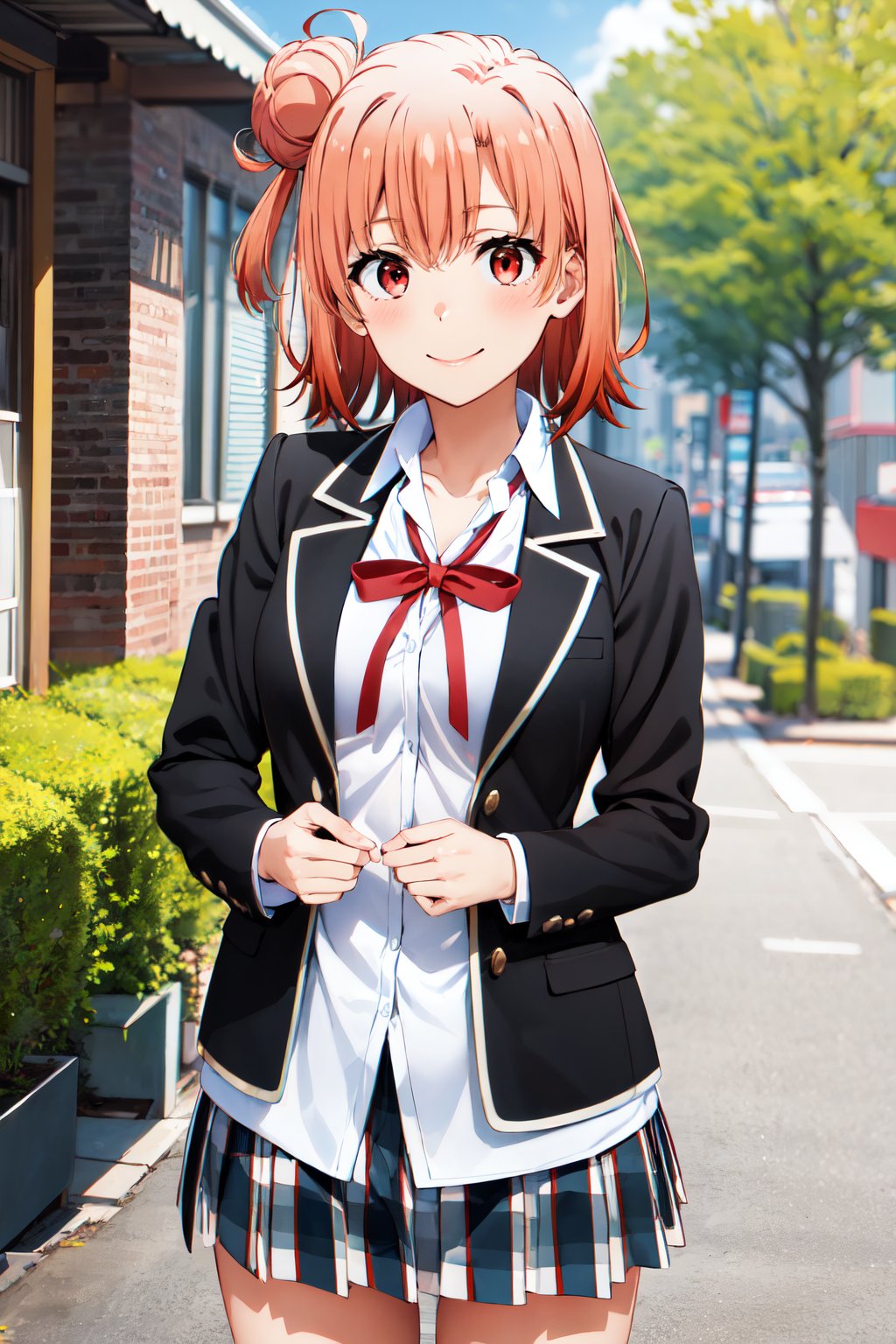 masterpiece, best quality, highres, aayui, short hair, single hair bun, red eyes, breasts, collarbone, neck ribbon, white shirt, dress shirt, blazer, black jacket, open jacket, long sleeves, plaid skirt, <lora:yuigahama_yui_v1:0.7>, standing, cowboy shot, outdoors, smile