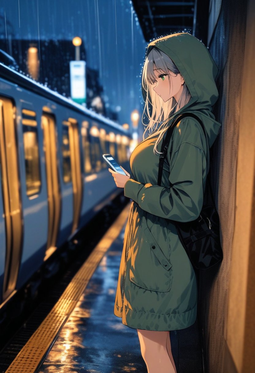 <lora:BLE 0.5v:1>, BLE, best quality, masterpiece, detailed background,1girl, solo, long hair, long sleeves, tall female, large breasts, dress, holding, standing, jacket, grey hair, outdoors, hood, bag, blurry, from side, feet out of frame, blurry background, night, depth of field, phone, cellphone, smartphone, hood up, holding phone, rain, city, looking at phone, train station, leaning back, against wall, green eyes,