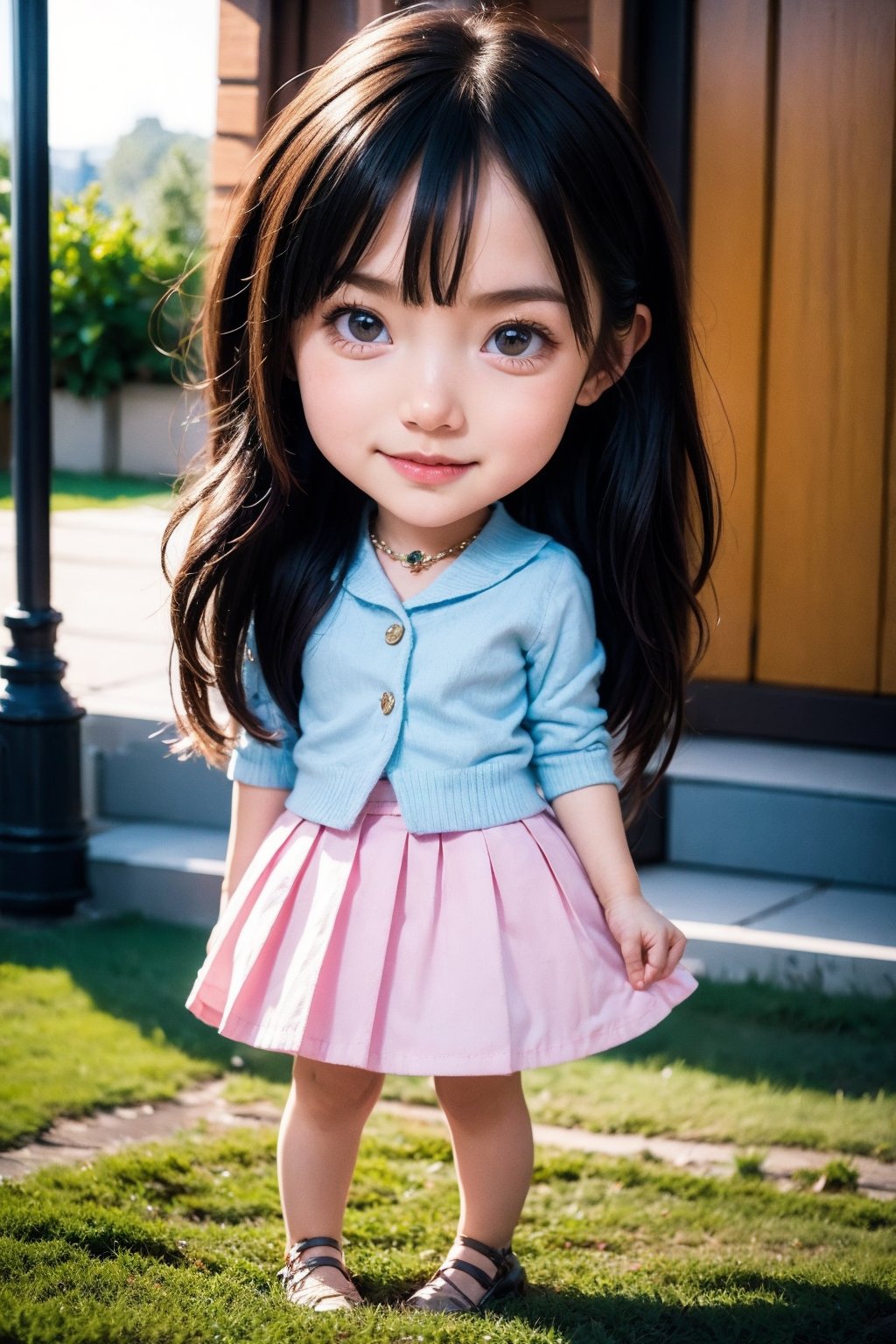(photorealistic:1.4),(Realistic:1.2),chibi, 1girl, skirt, necklace, full body, looking at viewer, shirt, solo, long hair, pleated skirt, outdoors,