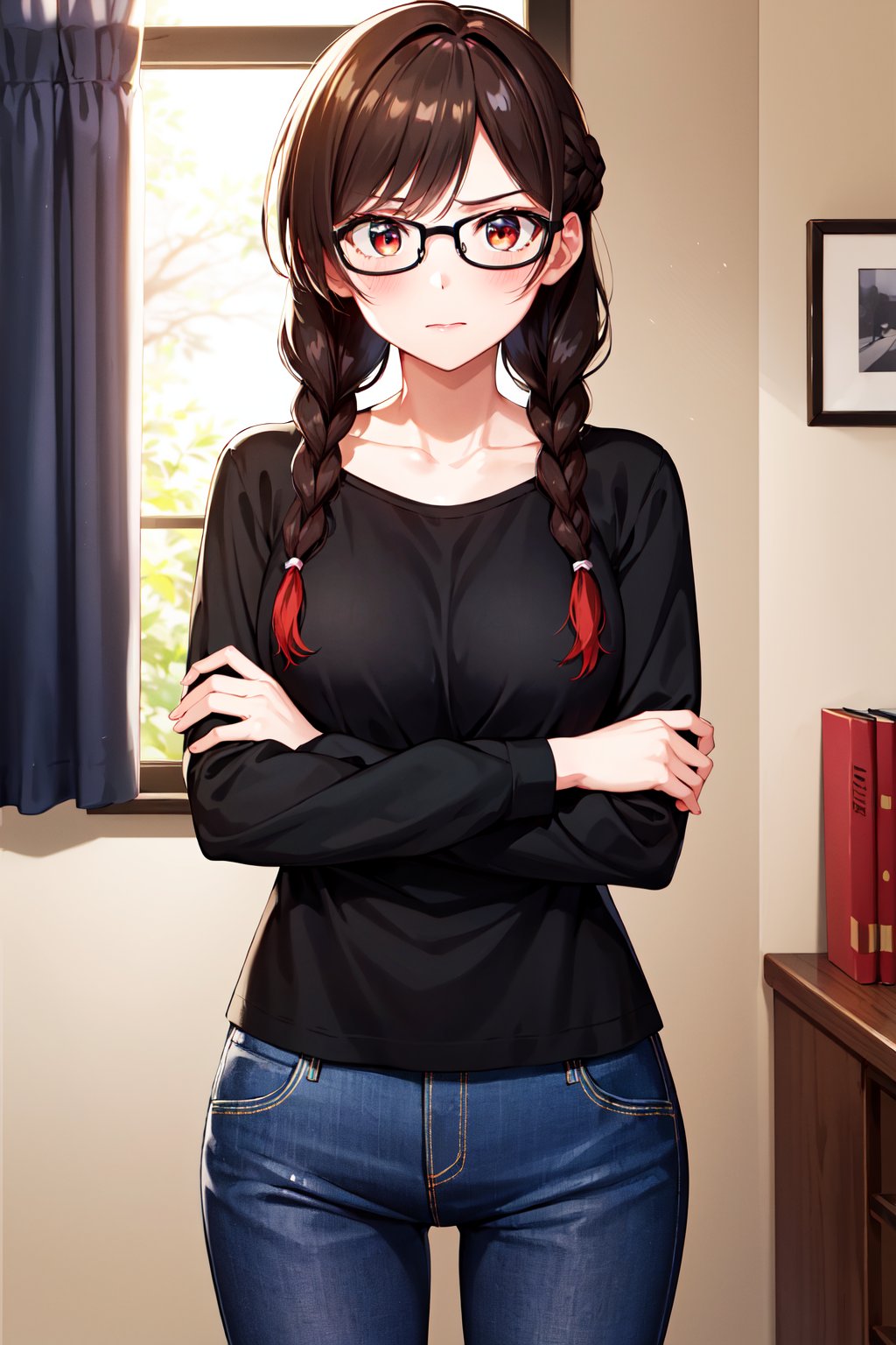 masterpiece, best quality, highres, aachizuru, long hair, twin braids, twintails, glasses, collarbone, black shirt, long sleeves, pants, jeans, <lora:mizuhara_chizuru_v2:0.7>, standing, cowboy shot, crossed arms, room