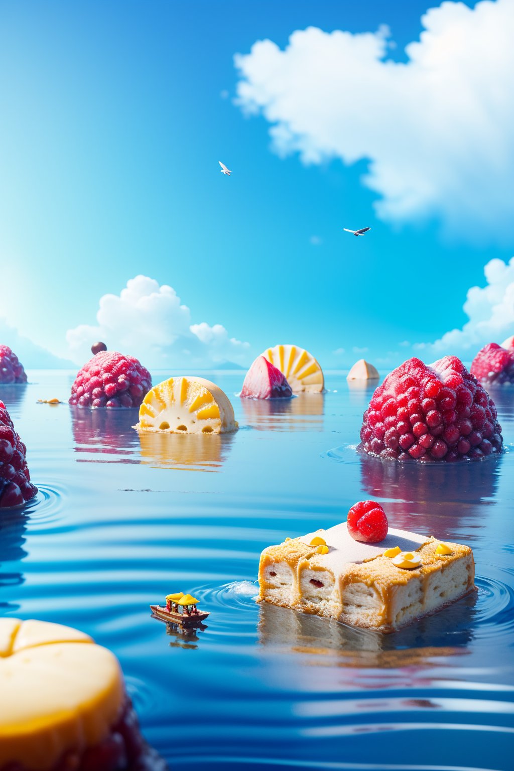 masterpiece,best quality,<lora:微缩世界-美食版>,miniature photography,a group of cakes sitting in the middle of a lake with a sky background and a few small objects in the water,