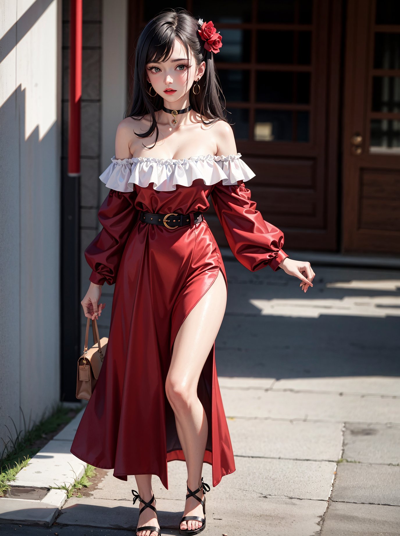 (best quality, masterpiece, absurdres:1.2),1girl, flower, red_flower, earrings, jewelry, rose, solo, red_rose, hair_ornament, choker, hair_flower, red_skirt, off_shoulder, belt, long_hair, breasts, blurry_background, bare_shoulders, looking_at_viewer, collarbone,Perfect finger,full body.