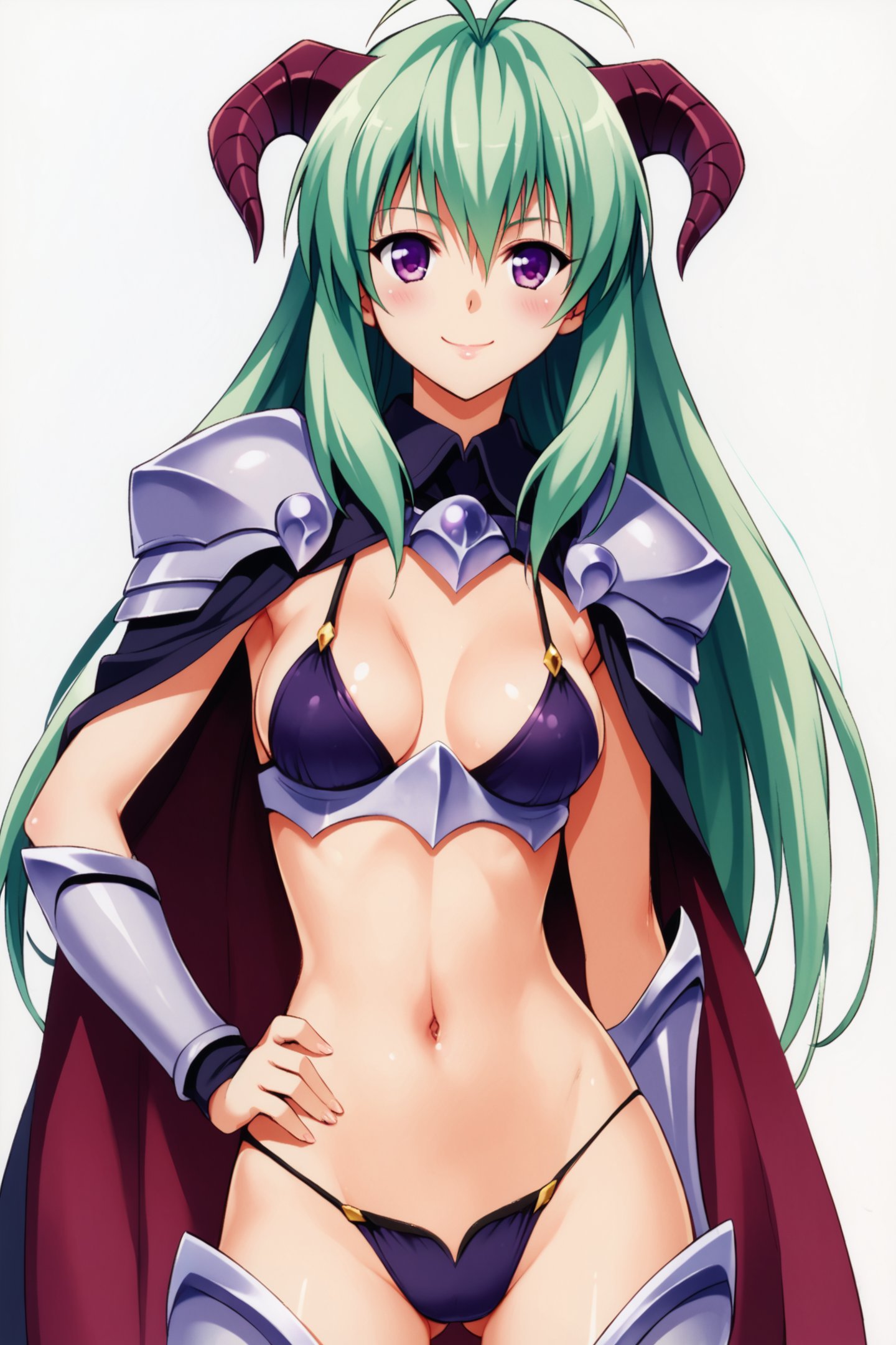 run elise jewelria,1girl,solo,horns,smile,breasts,navel,green hair,long hair,antenna hair,cape,looking at viewer,bikini armor,demon girl,purple eyes,medium breasts,demon horns,hand on own hip,panties,underwear,armor,white background,blush,simple background,score_9,score_8_up,<lora:Yabuki Kentarou_XL_PONY_V2:0.8>,