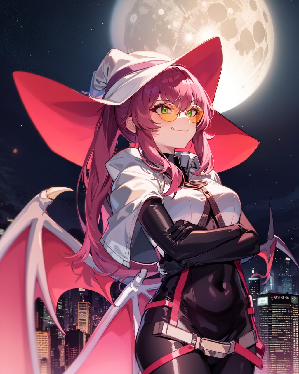 1girl, kisikilevil, pink hair, green eyes, long hair, ponytail, orange-tinted glasses, white capelet, black bodysuit, pink demon wings, white witch hat,outdoors, city, night sky, pink ambient lighting, cyberpunk, moon, smug, <lora:kisikilv2-000006:0.9>