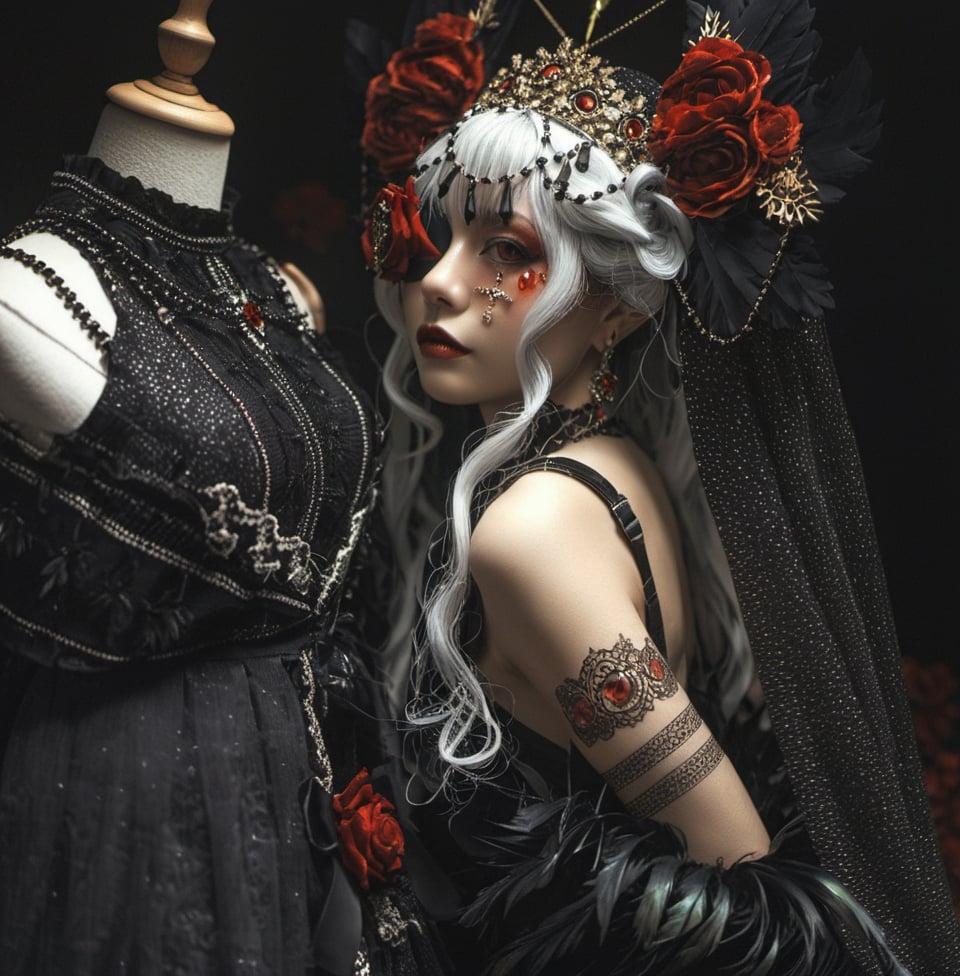 Naked gothic girl,side view,1girl,flower,solo,red flower,rose,dress,red rose,jewelry,ring,hair ornament,black dress,long hair,white hair,tattoo,hair flower,looking at viewer,nail polish,veil,eyepatch,red eyes,breasts,feathers,black nails,brown eyes,bare shoulders,makeup,lipstick,red lips,lips,exquisite makeup,gothic-style clothing,<lora:乌鸦少女-000004:0.6>,