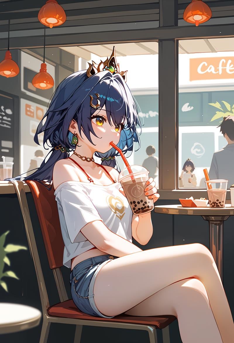 (score_9, score_8_up, score_7_up), 1girl, yunli, off shoulder t-shirt, denim shorts, holding bubble tea, cafe, <lora:yunli-strPO-v1a:0.9>