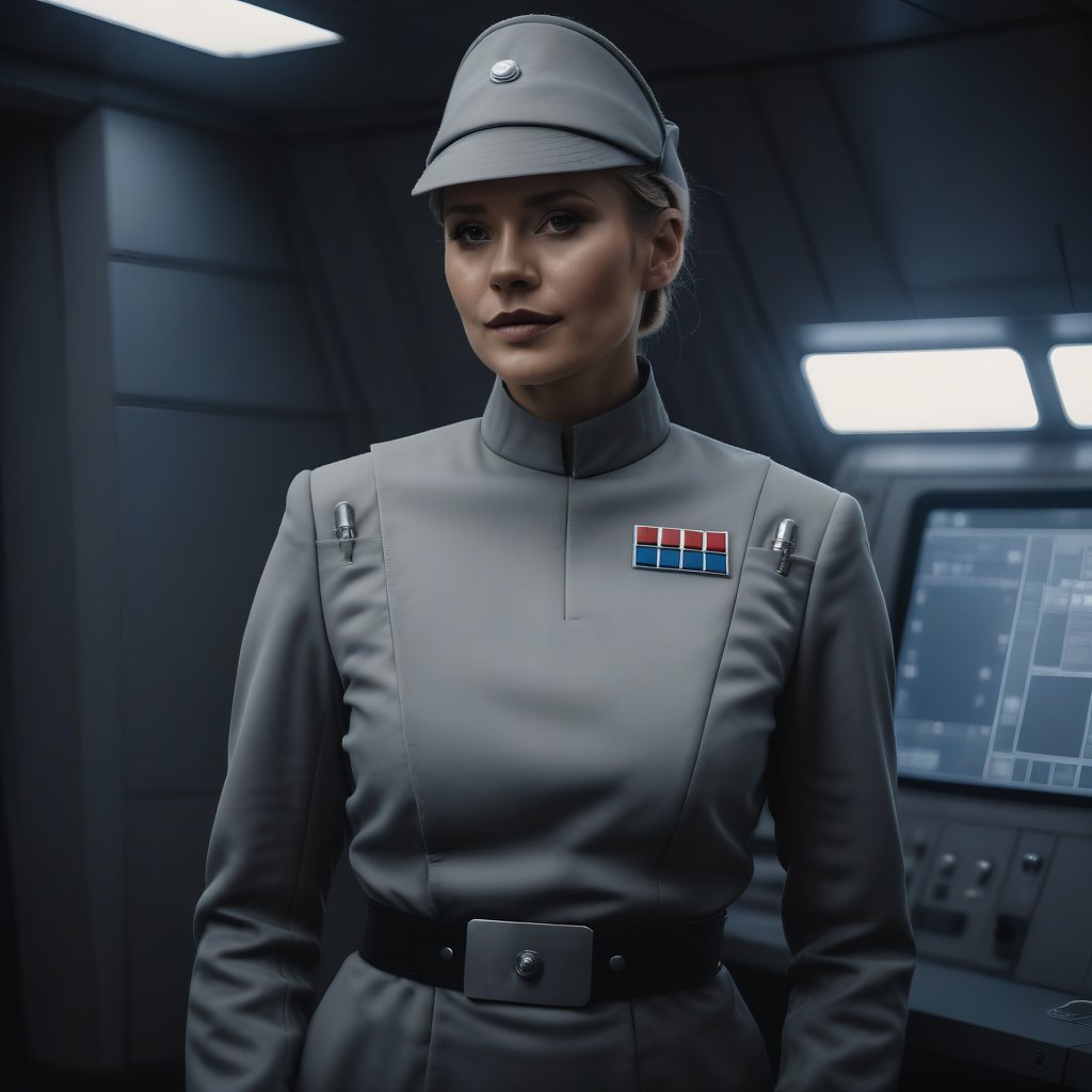 a full body fashion photo of a swedish social media influencer as a female imperial officer wearing a grey uniform, she has her hair in a bun, officer cap, in a sci-fi ship barracks, dark interior, cinematic, film grain, (cinematic still:1.2), 20mm photograph, film, 4k, highly detailed, (atmosphere:1.2), (haze:1.3), soft ambient lighting <lora:Imperial_Officer:0.7>