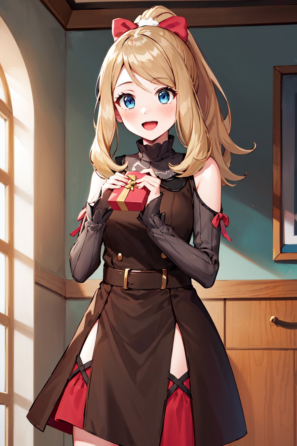 masterpiece, best quality, highres, eeserena, solo, long hair, ponytail, hair bow, sidelocks, eyelashes, blue eyes, (brown dress:1.1), shoulder cutout, long sleeves, <lora:serena_(pokemon)_v2:0.7>, standing, cowboy shot, smile, indoors, open mouth, blush, holding gift