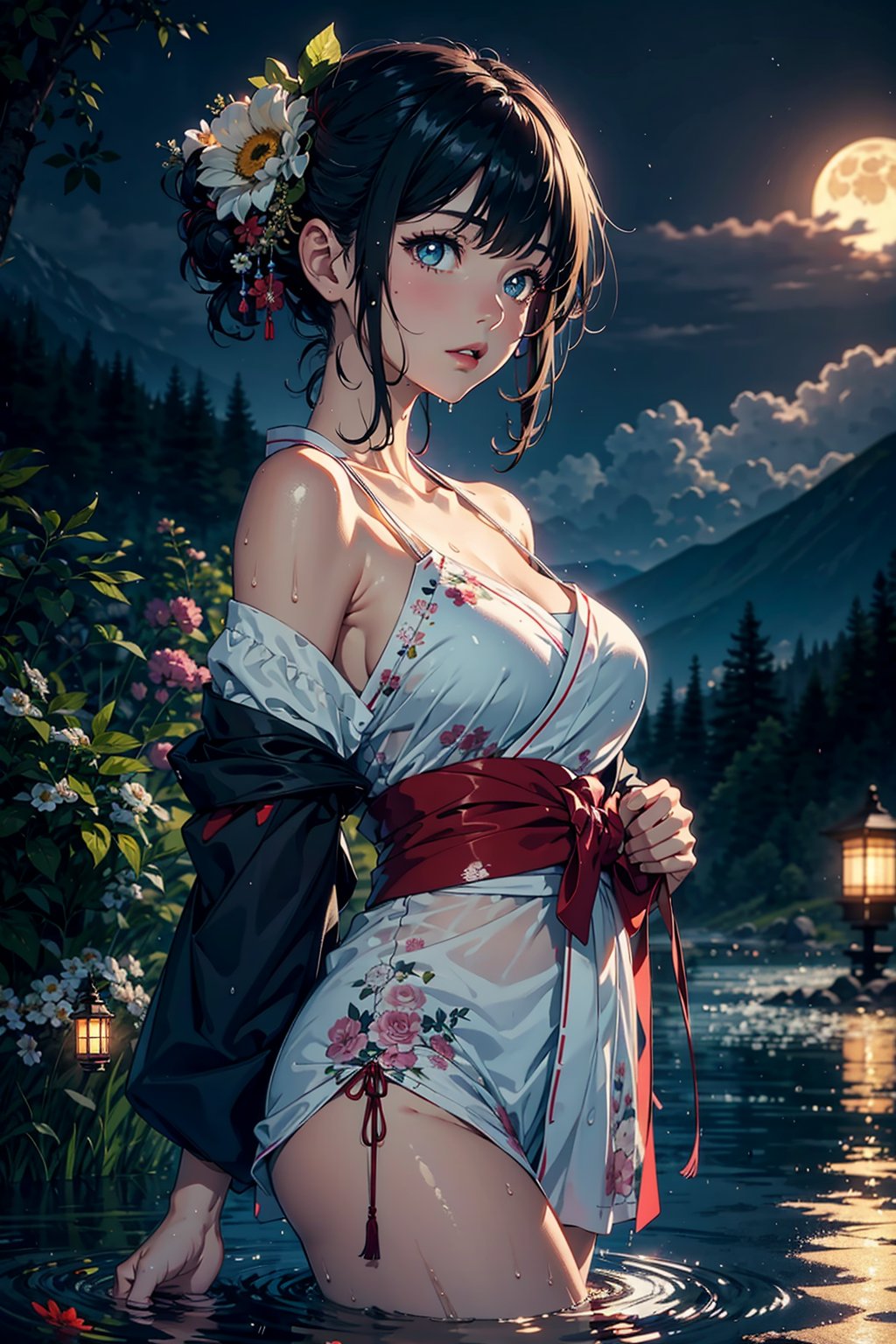 1girl, breasts, moon, lantern, night, solo, large breasts, hair ornament, wet, kimono, japanese clothes, wading, water, hair flower, flower, outdoors, sky, full moon, rain, black hair, off shoulder, mountain, cloud, holding, sash, bare shoulders, paper lantern, standing, white kimono, night sky, sideboob, obi, wet clothes, bangs, tree, from side, reflection, short hair, cloudy sky, wet hair   (((masterpiece),(extremely detailed CG unity 8k wallpaper),best quality,,solo,1girl,cinematic lighting,detailed background,beautiful detailed eyes,bright pupils, (an extremely delicate and beautiful),(Beautiful and detailed eye description)，  ultra-detailed,masterpiece,)), 