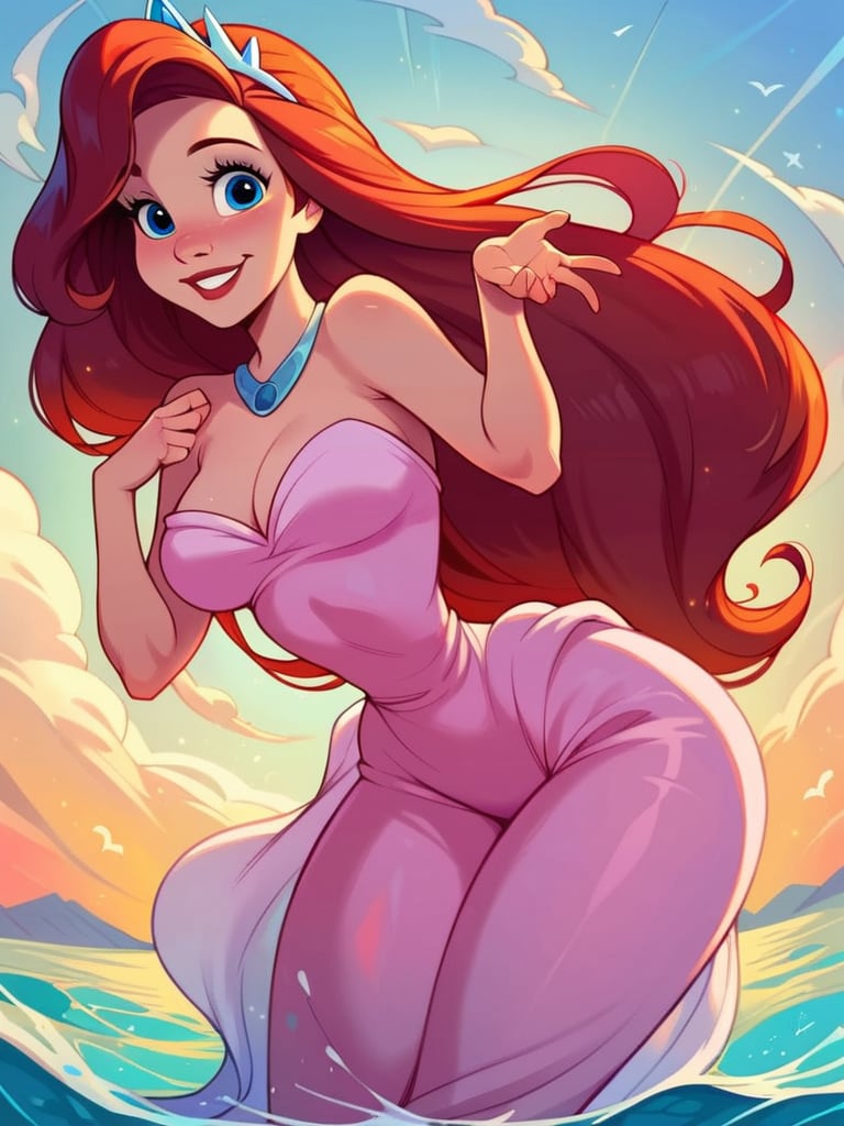 score_9, score_8_up, score_7_up, score_6_up, ArielWaifu swimming on the sea next to a big rock, leaning forward, cute pose, medium breasts, narrow waist, wide hips, thick thighs, smile, blue eyes, pink dress, tiara, red long hair, disney style, looking at viewer, cute, detailed landscape, cowboy shot, cartoon, 4k, masterpiece, leaning forward,  <lora:ArielPonyXL_character-08:0.7>  <lora:PAINTED_ANIMATION_ART-STYLEV3:0.4>