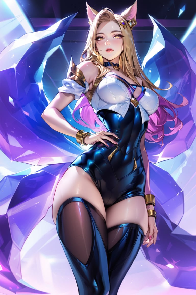 (Masterpiece), mature, HDR,UHD,8K, best quality, Highly detailed, physically-based rendering, extreme detail description, perfect skin, shiny skin, shiny hair,perfect face, 1girl, kda1, blonde hair, yellow eyes, thighighs, facial mark, animal ears, tail, choker,Ahri, K/DA Ahri, bare shoulders, arm straps,LeagueOfLegendsAhri, long hair, bracelet, jewelery, heart choker, multiple tails, idol, cleavagefox ears, earrings,black leotard, white top, high thighhighs, magenta tail, ((black thighhighs)),ahri, black stockings, gloveless, bare hands<lora:EMS-335737-EMS:0.600000>, <lora:EMS-388761-EMS:0.100000>, <lora:EMS-418641-EMS:0.800000>