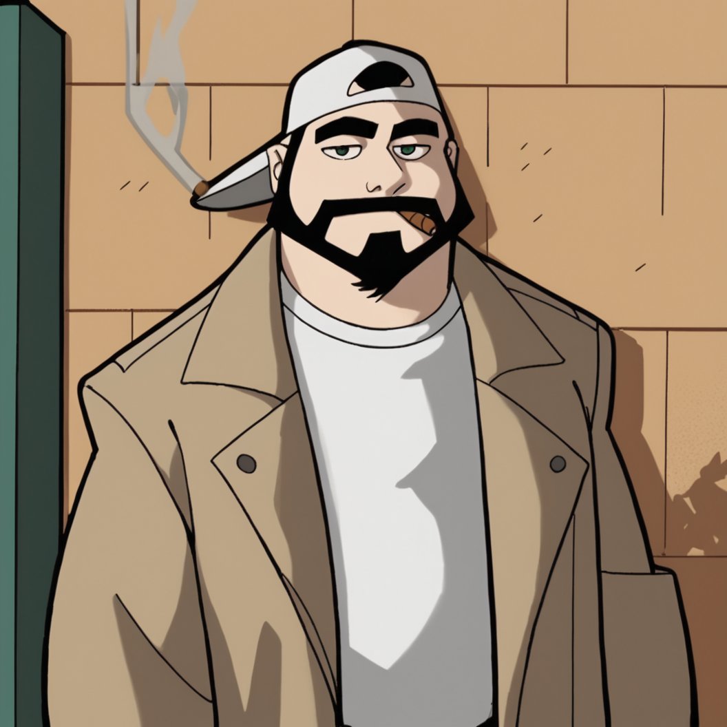 <lora:Clerks_The_Animated_Series:0.9> clerk style, score_9, score_8 or higher, bearded man smoking cigarette, fat, backward baseball cap, dark trenchcoat, front of wall, outside, looking at viewer