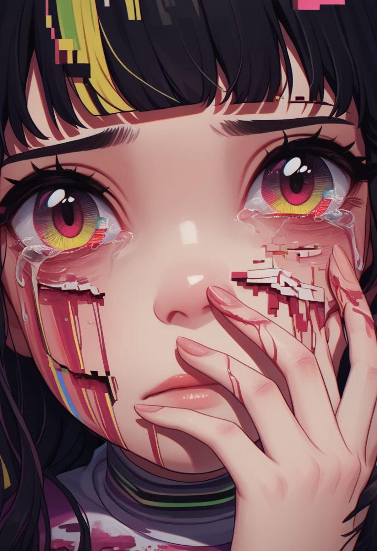 did vaporwave style, 1girl, solo, looking at viewer, eye focus, black hair, portrait, close-up, lips, eyelashes, hand on own face, fingernails, blood, tears, crying, hand up, multicolored eyes, melting, vapor, smoke, glitch,  horror (theme),  glowing,  zPDXL2