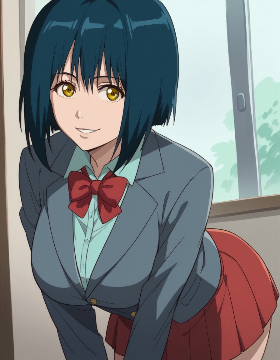 score_9, score_8_up, score_7_up, source_anime, <lora:manami-nikaido-ova-ponyxl-lora-nochekaiser:1>, manami nikaido, short hair, black hair, blue hair, yellow eyes, bob cut, large breasts,, school uniform, shirt, collared shirt, blazer, grey blazer, bowtie, red bowtie, skirt, red skirt, pleated skirt,, indoors, bent over, smile,, looking at viewer, solo, cowboy shot, dutch angle