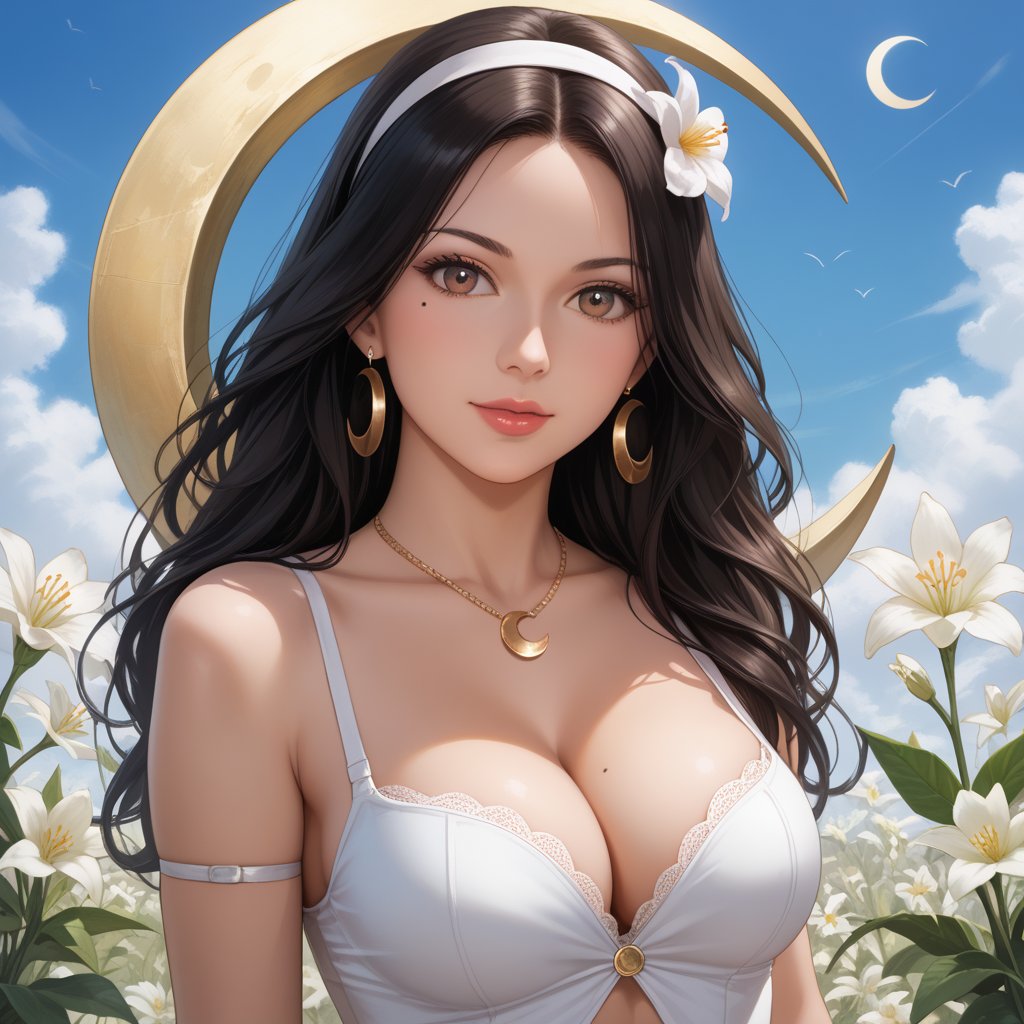 (,1girl, ,best quality, ),,  ,,ultra realistic 8k cg, ,masterpiece, (( , )),, realistic,science fiction,mole, ,     ,crescent moon, jasmine \(flower\),     (cleavage),,  (),