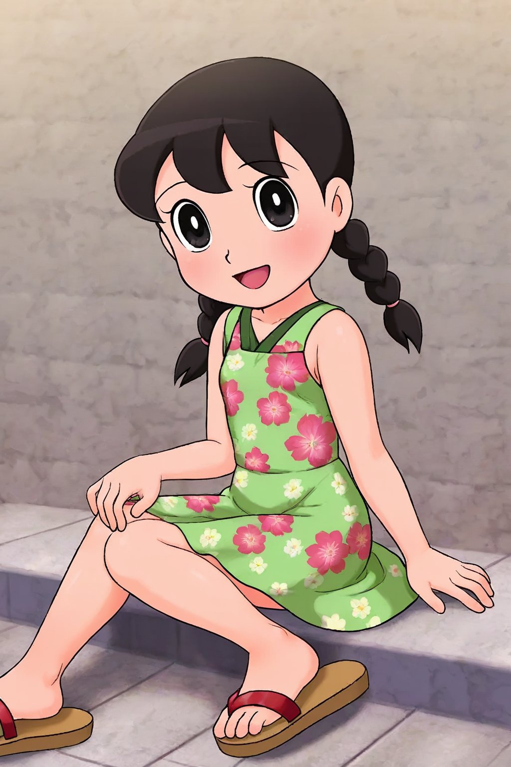 (1girl, solo, minamoto shizuka, loli, black hair,black eyes, twinbraids, dress with floral print, sandals, sitting, looking at viewer,happy) <lora:minamoto shizuka nova 906:0.8>