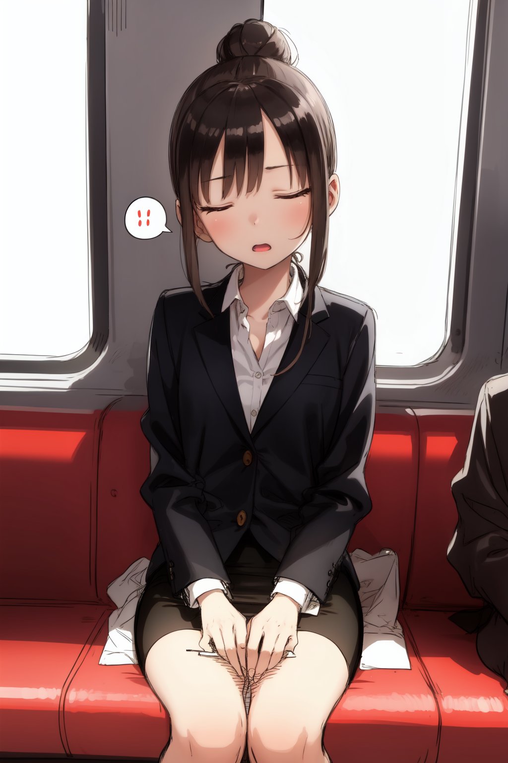 (traditional media, sketch:1.3),1girl, mature, flat chest, single hair bun, dark hair, closed eyes, sleepyBREAK office attire, grey blazer, white shirt, pencil skirt, sitting, v armsBREAK (spoken zzz:1.4), public train, train interior, city background, sunset