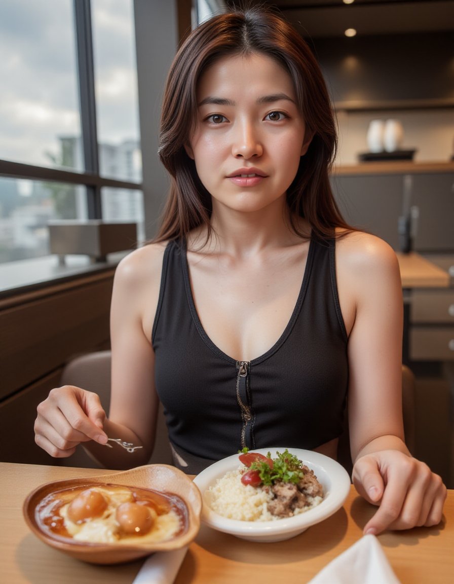 realistic photo of a Japanese woman, young woman, shiho, young, Photorealistic image of a woman dining at a modern, casual designer restaurant, stylish interior, natural lighting, chic outfit, vibrant dishes, relaxed atmosphere, Canon EOS R5, detailed textures, contemporary decor, warm tones, commercial appeal. <lora:ShihoActualJapaneseFlux25K003-UNET:1>, (best quality), (masterpiece), 16k, 8K, ultra detailed, detailed skin, detailed face, masterpiece, best quality, ultra-detailed, intricate details, high resolution, 8k, sharp focus, vivid colors, high contrast, cinematic lighting, [:(smile for camera):0.3]