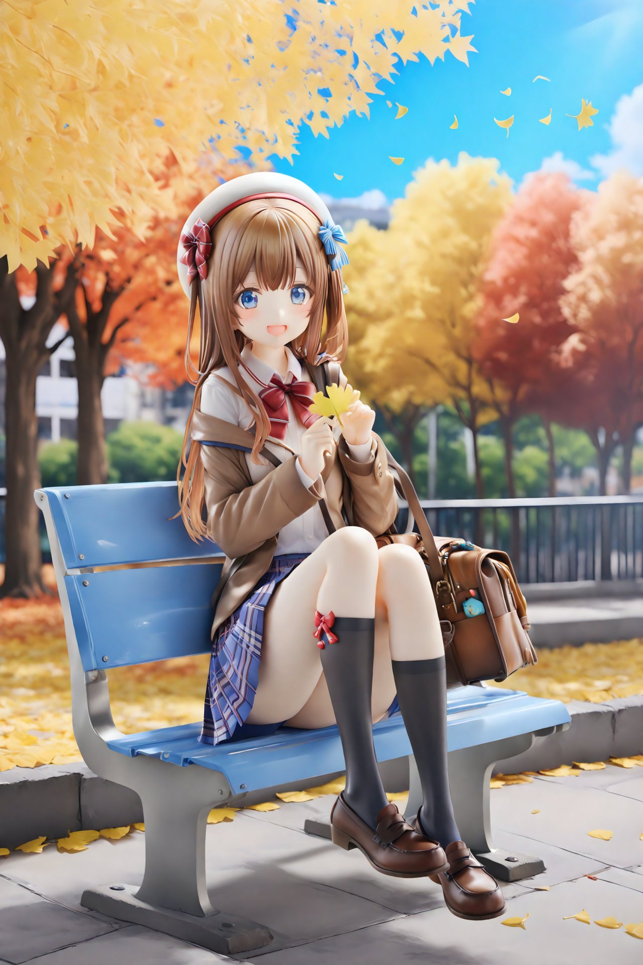 masterpiece,Realism,best quality,PVC Style:2,Artist hiten (hitenkei), 1girl, solo, skirt, outdoors, long hair, shirt, jacket, brown hair, looking at viewer, bag, sitting, socks, hat, pleated skirt, holding, bow, smile, tree, open mouth, white shirt, school uniform, blue skirt, school bag, black socks, bowtie, autumn, leaf, long sleeves, beret, hair ornament, holding leaf, red bow, collared shirt, kneehighs, open clothes, off shoulder, day, autumn leaves, white headwear, open jacket, blazer, :d, blue eyes, brown jacket, red bowtie, ginkgo leaf, knees up, one side up, water, from side, hand up, dress shirt, bag charm, charm (object),,  <lora:HANS-PVC22-000021:1>