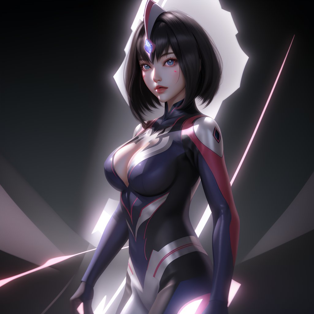 simple background,female ultraman,delicate features,large breasts,glowing eyes,gem,bodysuit,Ray Tracing Reflections,circle,upper body,expressionless,symmetric facial features,