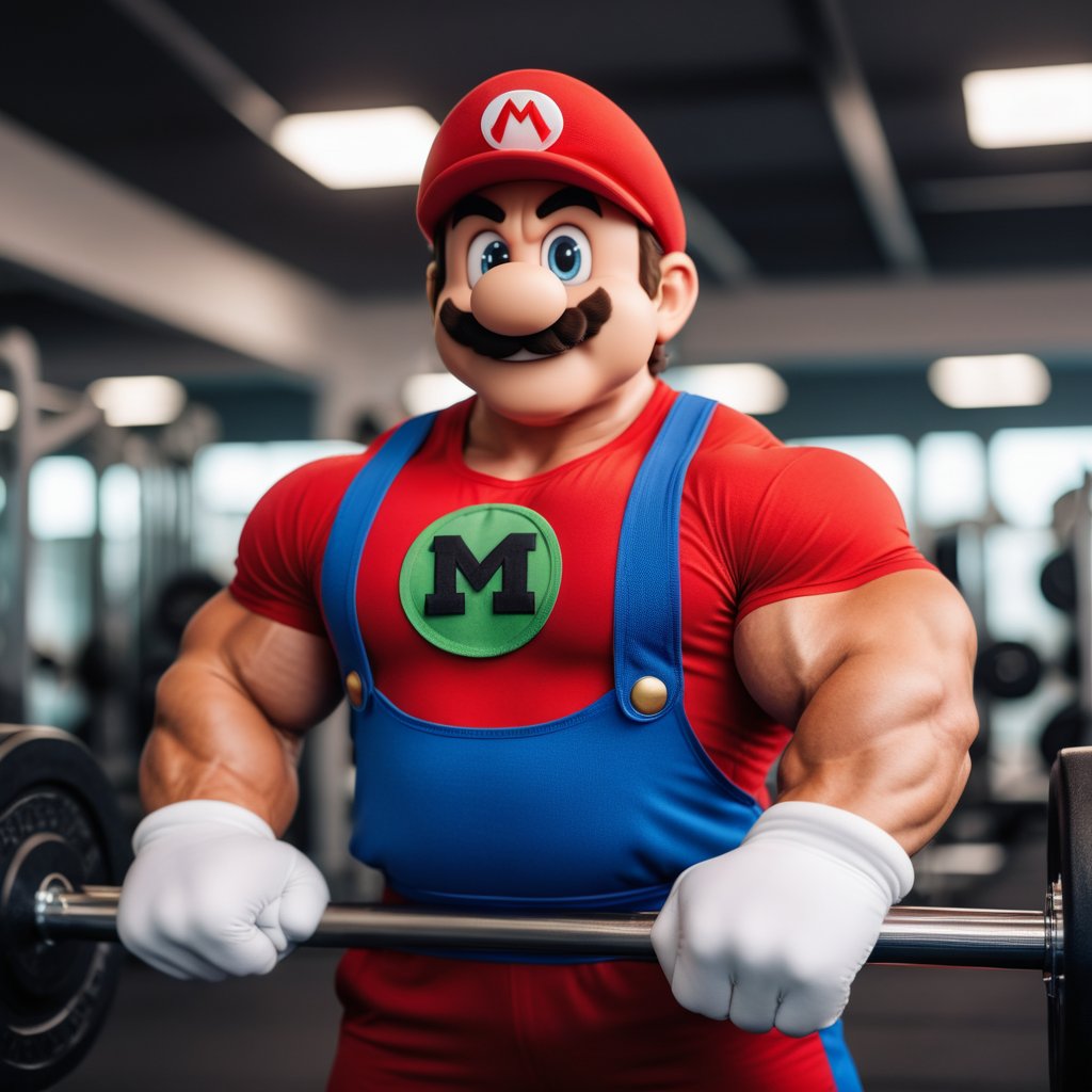 cinematic photo very muscular mario as a bodybuilder in a gym  . 35mm photograph, film, bokeh, professional, 4k, highly detailed  <lora:Mario1024-000200:0.5>