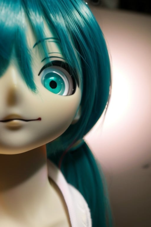 creepy miku doll extreme close-up looking directly at you from above, narupajin, dark room, flashlight <lora:narumiku-run8-e32:1>