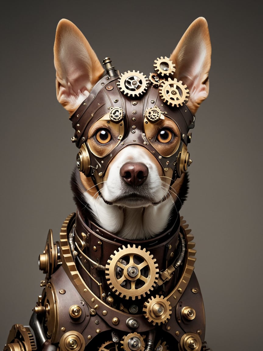 <lora:steampunkXL:0.7> steampunk, no humans, gears, simple background, dog, 